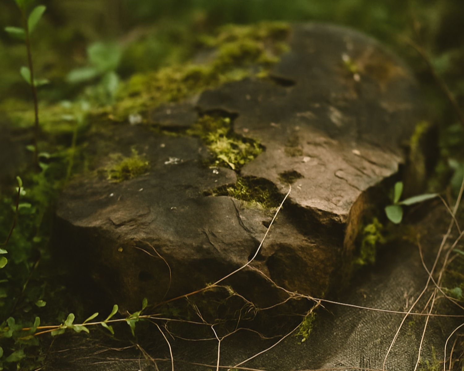 Pierre sombre et mousse verte sous les herbes d’un sous-bois.