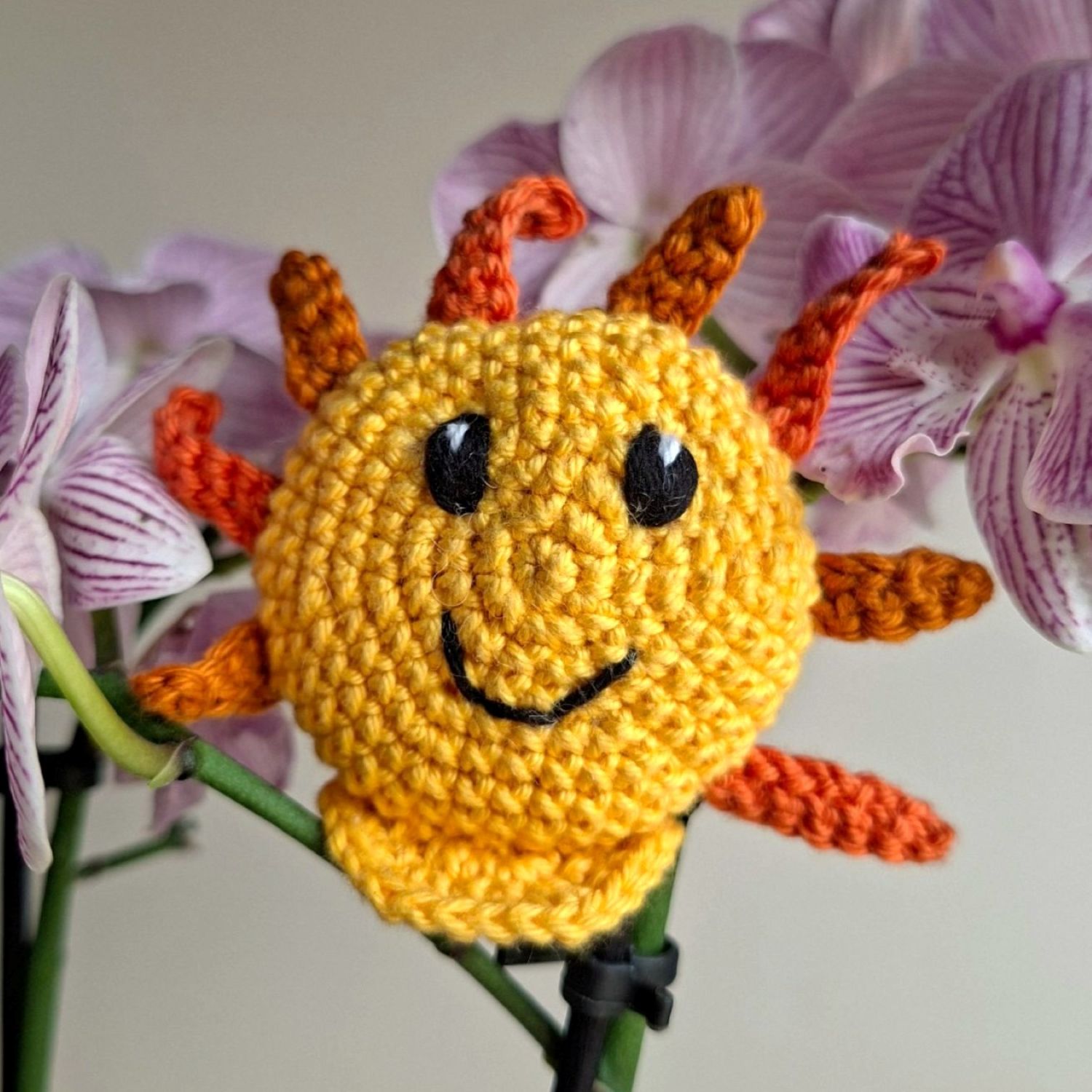 Amigurumi Soléa, petit soleil crocheté à la main, symbole de joie et de lumière intérieure, posé parmi des orchidées violettes.